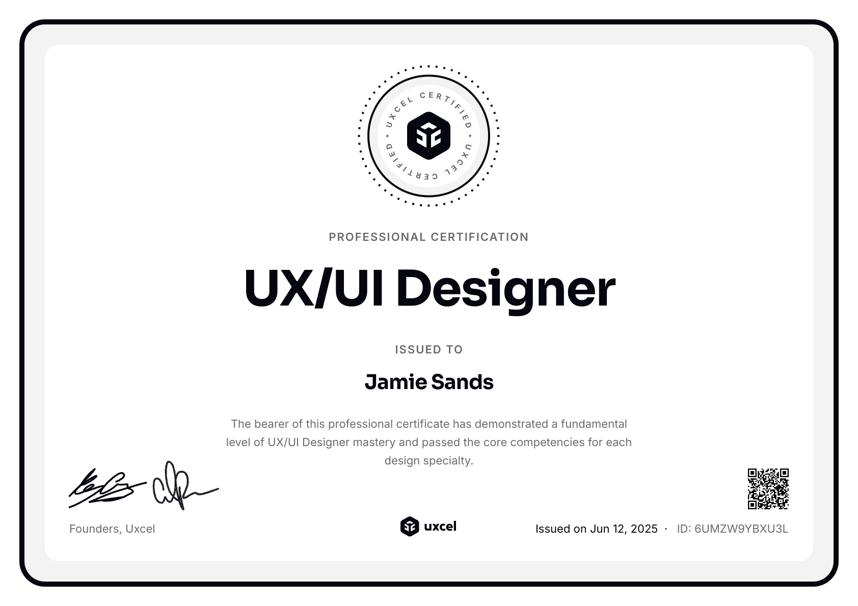 Jamie Sands's certificate
